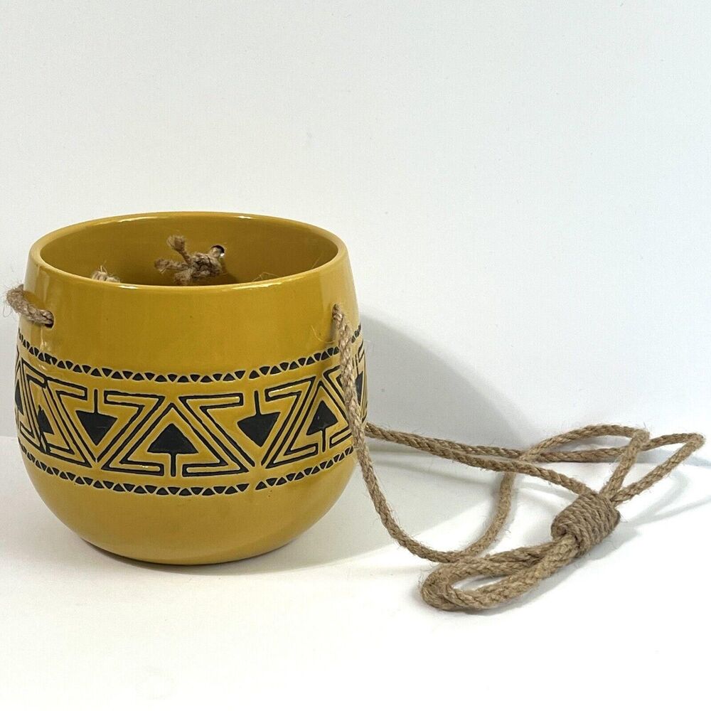 Ceramic Hanging Planter | Tribal Southwestern Flower Pot With Natural Rafia Rope